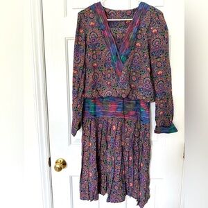 Vintage 80’s Mindy Malone Multi Floral Pleated Midi Dress - Likely Size- M